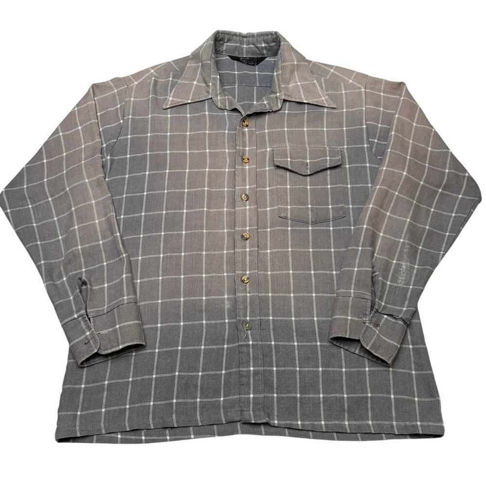 Vintage 70s Penneys Dagger Collar Plaid Faded Distressed Button Shirt Mens L